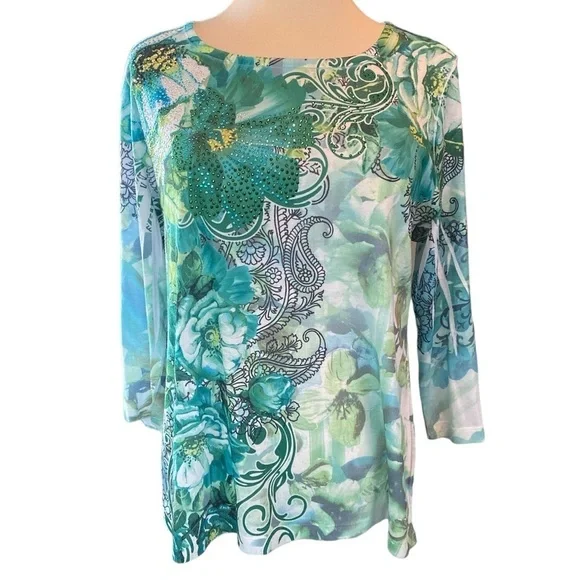 JM Collection blouse petite 3/4 length sleeves scoop neck floral/paisley Sz XLP - Picture 1 of 9